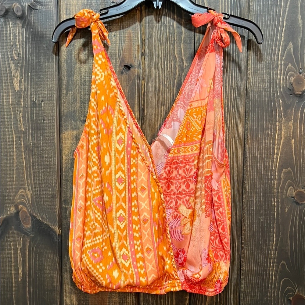 Free People Tied To You Top M‎ Orange Pink Floral Boho Tribal Tie Straps V-neck